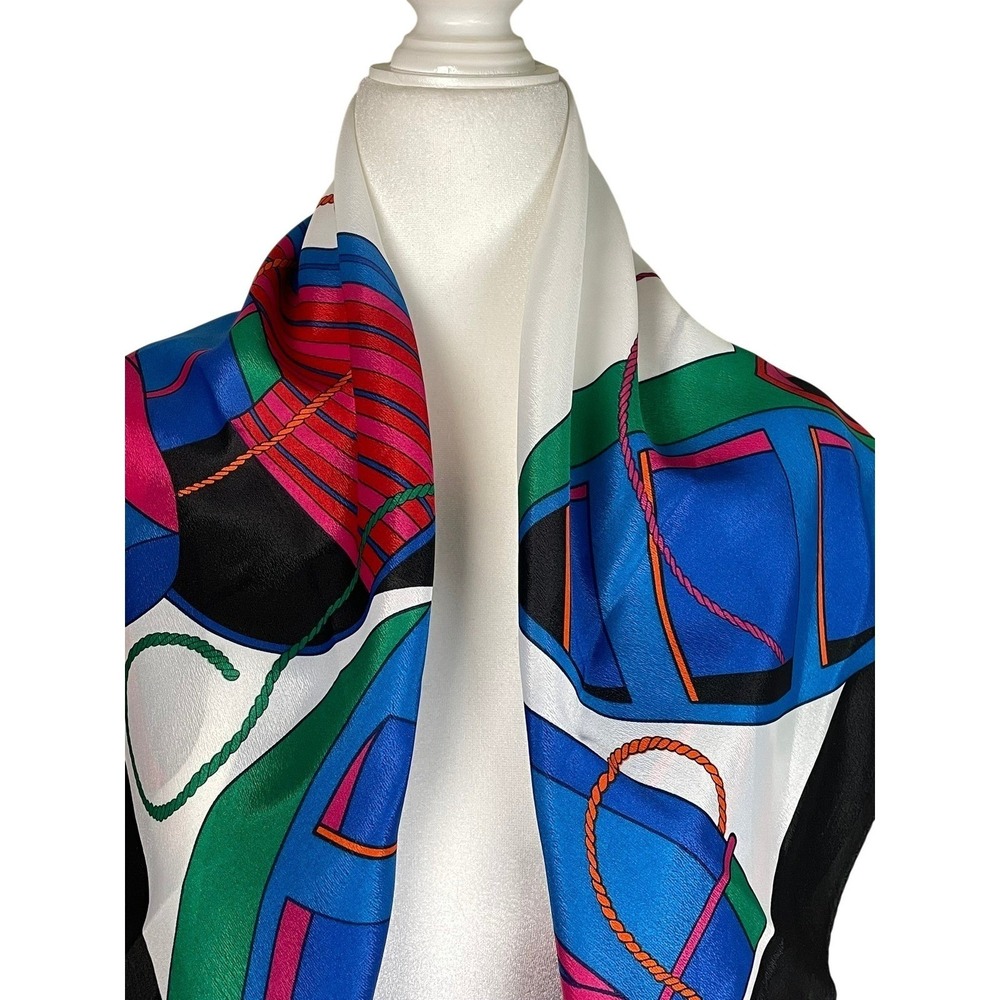 Vintage 1992 Liz Claiborne Nautical Boat Print Square Scarf Blue Green 31x31 - Picture 6 of 13